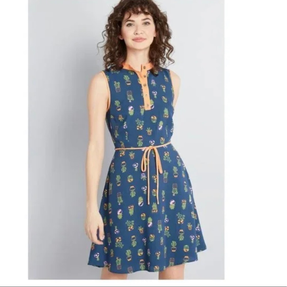 Modcloth "Field Questions" A-Line Cactus Novelty Print Blue Orange Dress